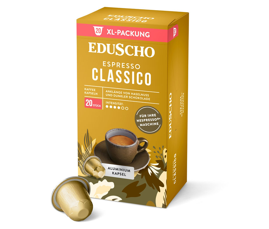 Eine goldene Packung Eduscho Espresso Classico Kaffeekapseln mit zwei Kapseln im Vordergrund.