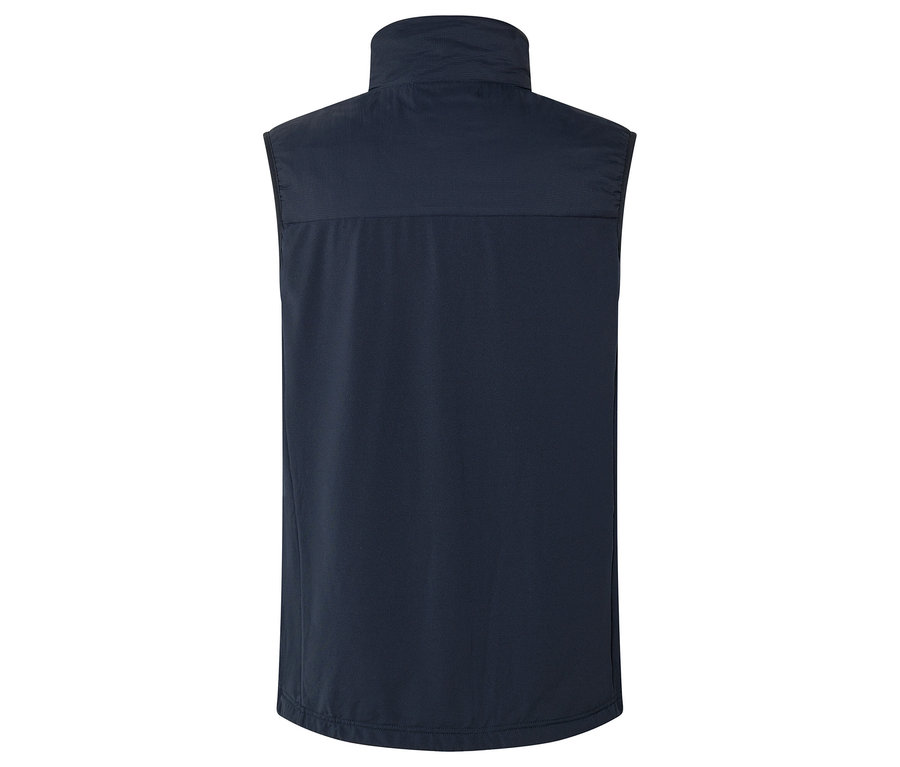 Dunkelblaue ärmellose Weste mit hohem Kragen.
