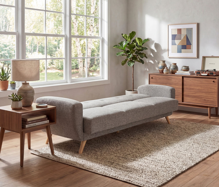 Wohnzimmer mit grau meliertem 3-Sitzer-Schlafsofa »Justus« auf einem Teppich vor einem Fenster. Ein Sideboard und ein Beistelltisch sind ebenfalls zu sehen.
