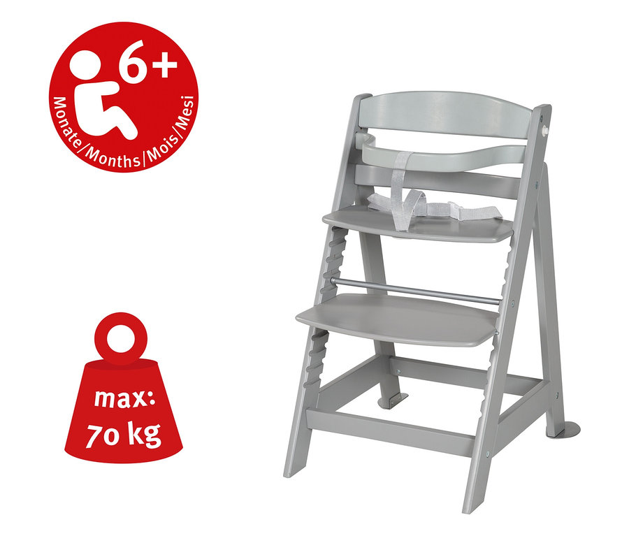 Grauer Kinderhochstuhl mit Sicherheitsgurt.