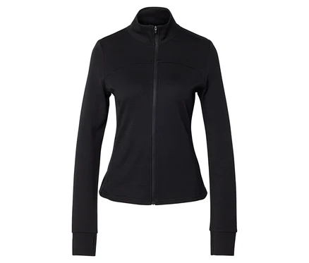 Schwarze Jacke mit durchgehendem Reißverschluss.