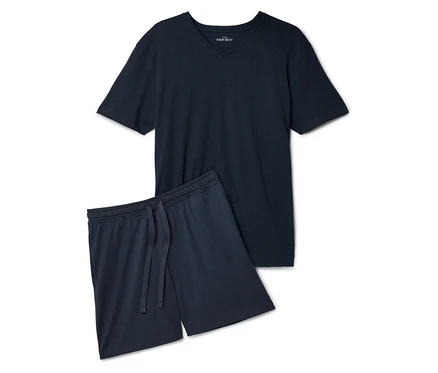 Marineblaues Schlafanzugoberteil mit V-Ausschnitt und Shorts mit Kordelzug.