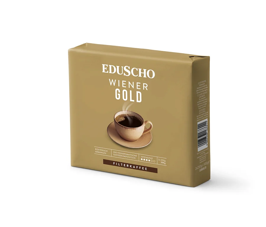 Eine Packung Eduscho Wiener Gold Filterkaffee mit einer Tasse Kaffee.