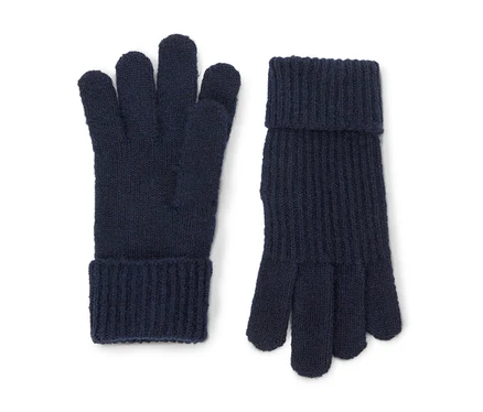Zwei dunkelblaue Strickhandschuhe, einer mit der Handfläche nach oben, der andere mit der Handfläche nach unten. Beide haben gerippte Bündchen.