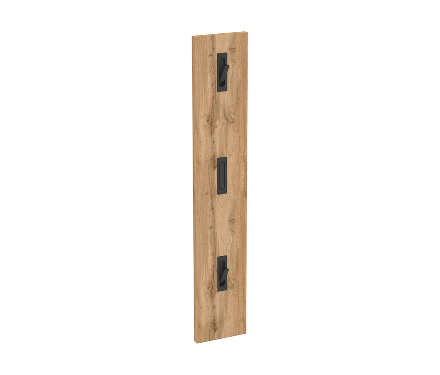 Vertikale Holzplatte in heller Holzoptik mit drei schwarzen Haken, von denen zwei ausgefahren und einer eingefahren ist.
