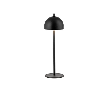 Schwarze Lampe mit rundem Schirm und schlankem Fuß.