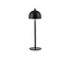 Schwarze Lampe mit rundem Schirm und schlankem Fuß.