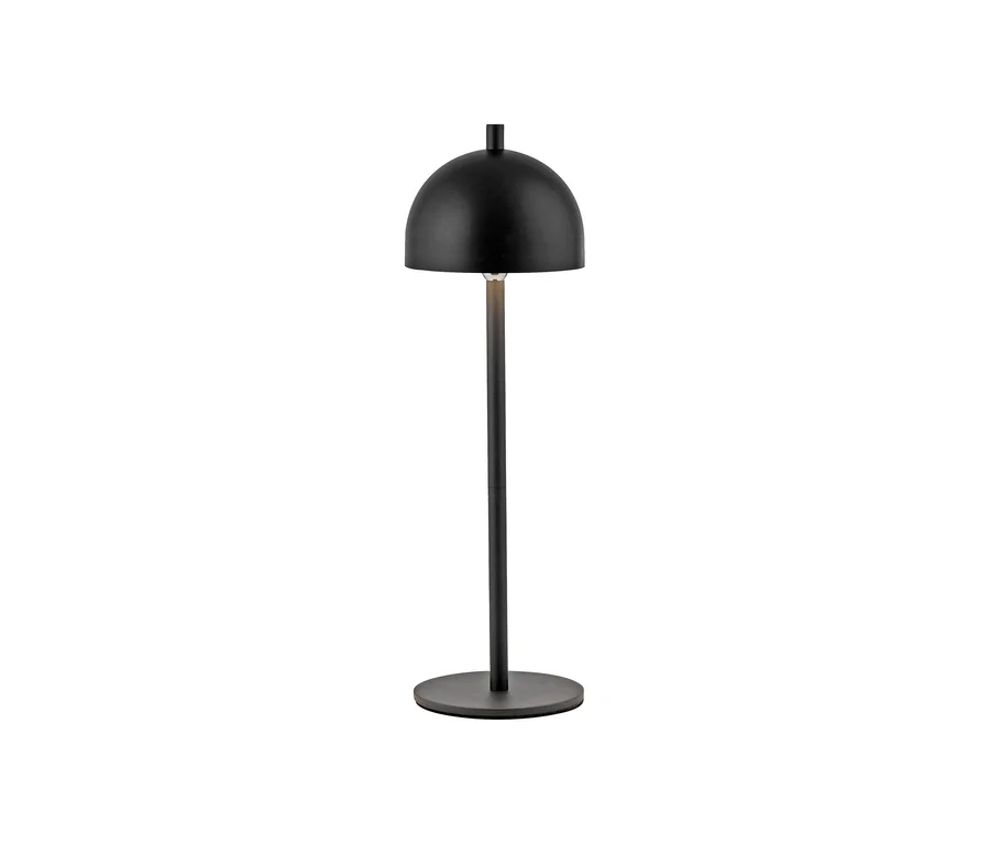 Schwarze Lampe mit rundem Schirm und schlankem Fuß.