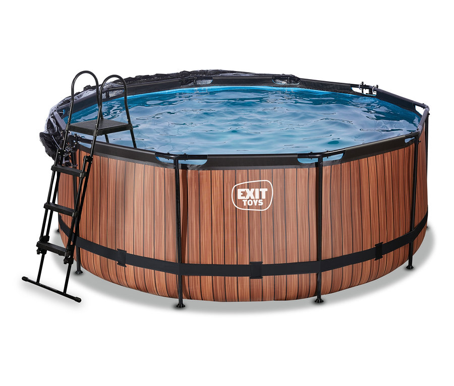 Rundes EXIT Pool-Set »WOOD« (ca. 360 cm) mit Holzoptik und schwarzer Leiter, gefüllt mit blauem Wasser.