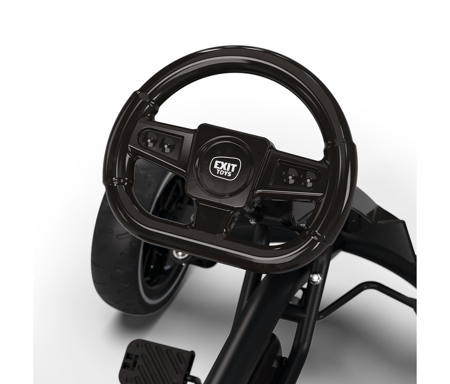 Schwarzes Lenkrad eines Go-Karts mit "EXIT TOYS" Logo, einem Vorderrad und einem Pedal.