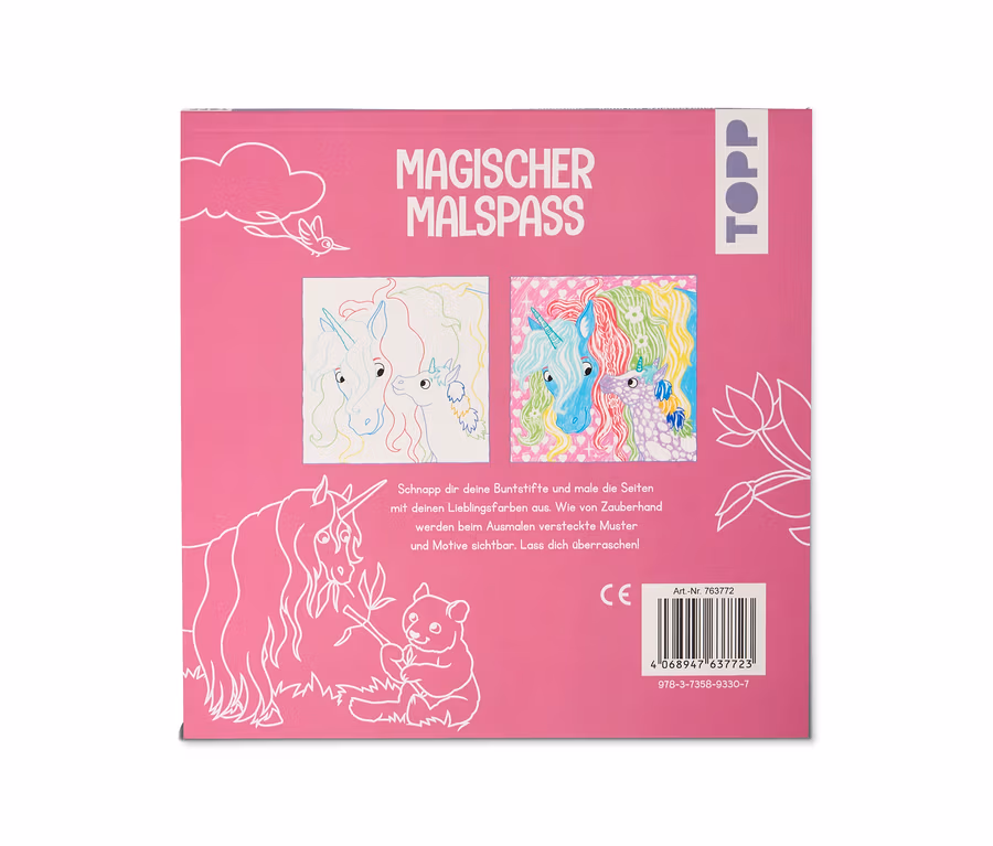 Pinkes Malbuchcover mit dem Titel „Magischer Malspaß“, das zwei Einhornköpfe vor und nach dem Ausmalen zeigt, mit Text über versteckte Muster und einem Einhorn mit Bär.