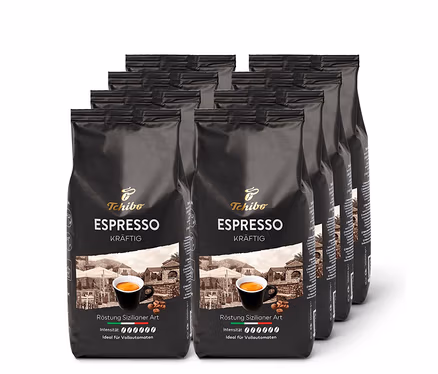 Acht Packungen Tchibo Espresso Kräftig mit je 1 kg ganzen Bohnen.
