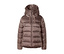 Glänzende, mokkafarbene Steppjacke mit hohem Kragen und Kapuze, mit Reißverschluss vorne.