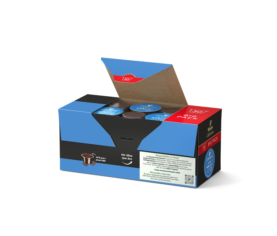 Geöffnete Packung Cafissimo Kaffee mild - 30 Kapseln.