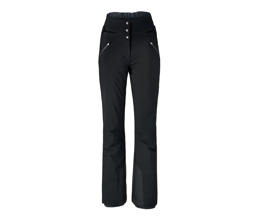 Eine schwarze High-Waist-Softshell-Skihose mit drei Knöpfen und Reissverschlüssen im oberen Beinbereich.