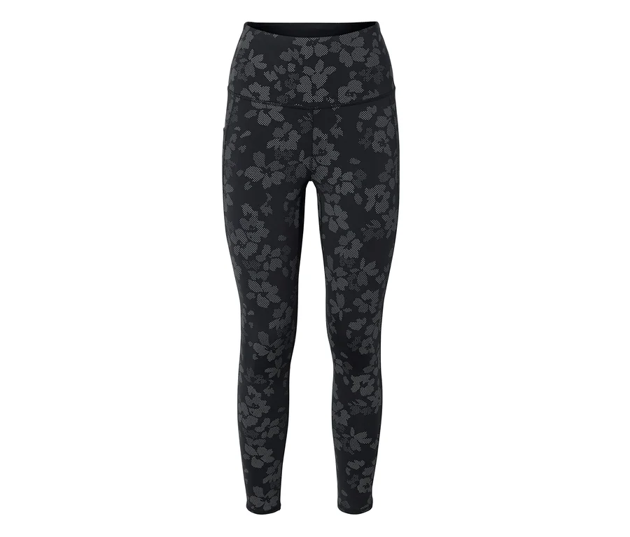 Schwarze Leggings mit hohem Bund und grauem Blumenmuster.
