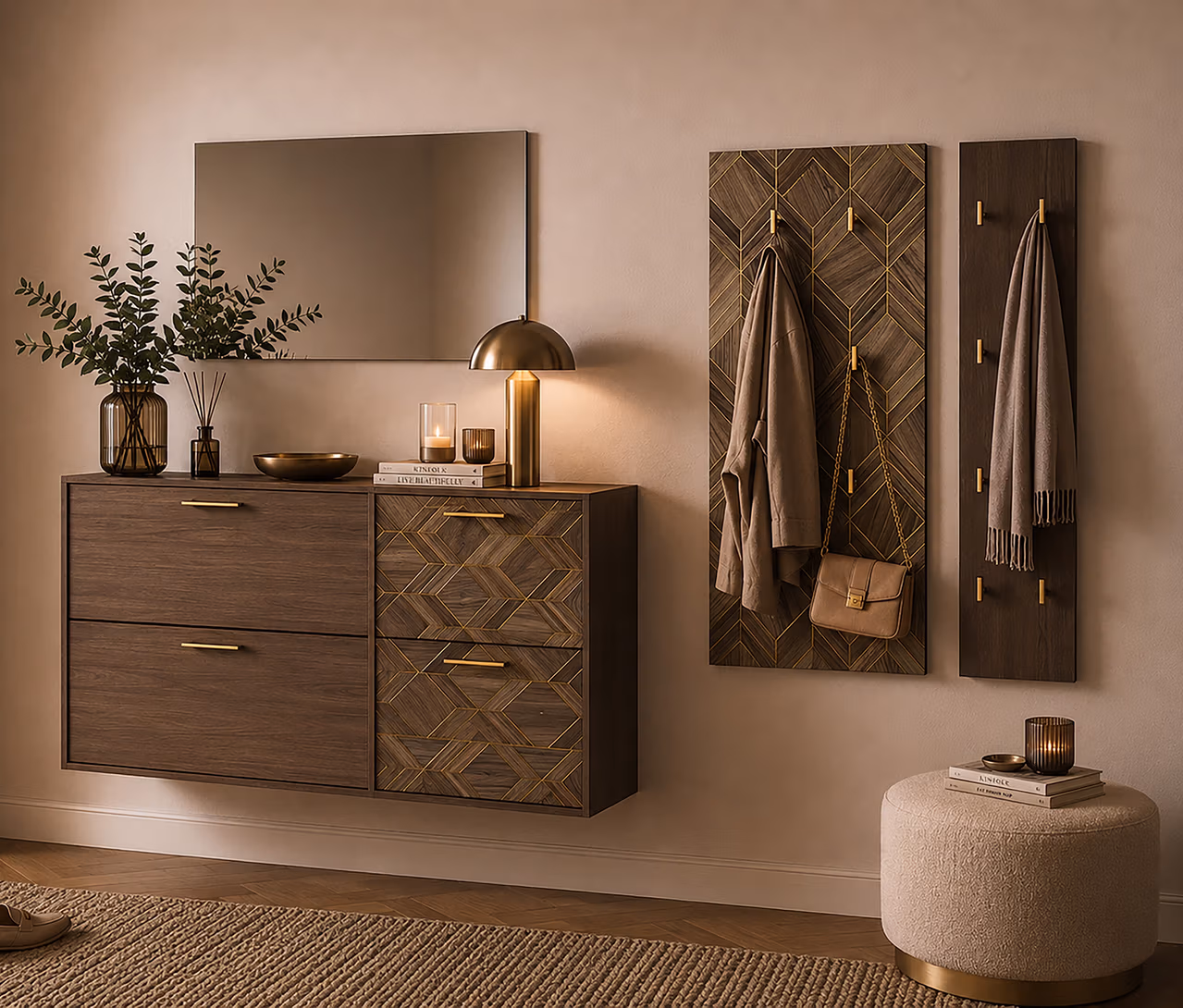 Moderner Vorraum mit schwebendem Schuhschrank »Glenn« mit 2 Klappen, dessen rechte Seite ein geometrisches Muster zeigt. Darüber ein Spiegel, daneben Wandpaneele mit Haken. Der Schrank ist mit Lampe, Pflanze und Büchern dekoriert. Eine Jacke, Handtasche und ein Schal hängen an den Haken, ein runder Hocker steht auf einem Teppich.