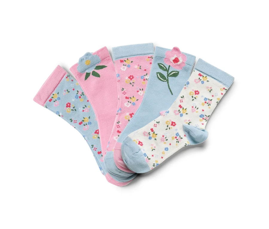 Fünf Paar Kinder-Socken, floral.