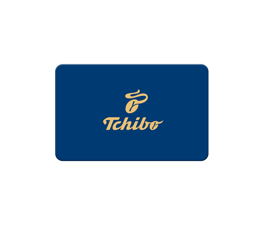 Blaue Geschenkkarte mit abgerundeten Ecken und dem goldenen Tchibo Logo.