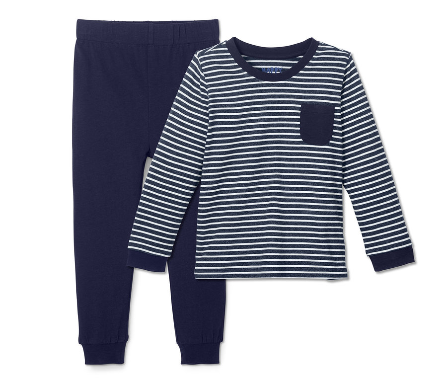 Marineblauer Pyjama mit langärmligem, gestreiftem Oberteil.