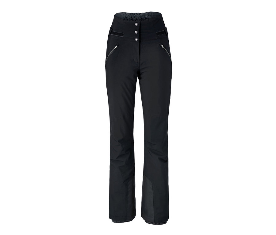 Eine schwarze High-Waist-Softshell-Skihose mit drei Knöpfen und Reissverschlüssen im oberen Beinbereich.