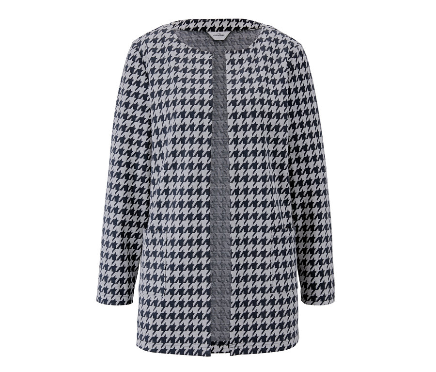 Detailansicht eines offenen Longblazers mit Hahnentrittmuster.