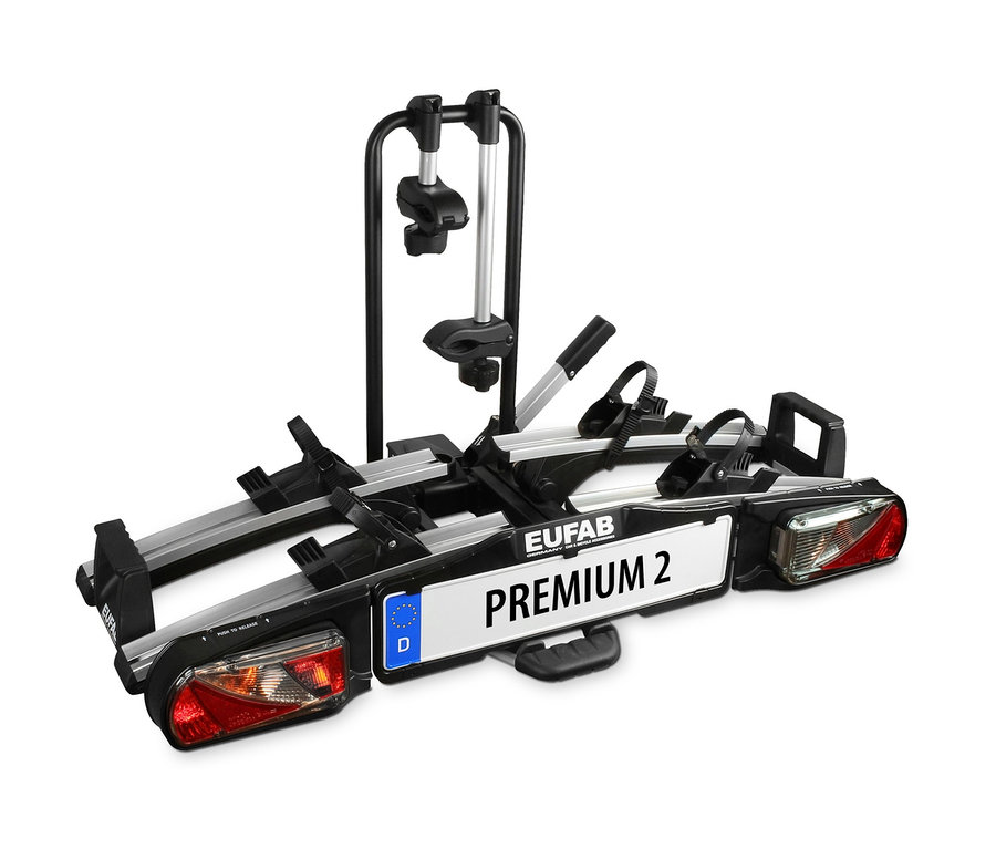 Schwarzer Fahrradträger »Premium 2« vor weißem Hintergrund.