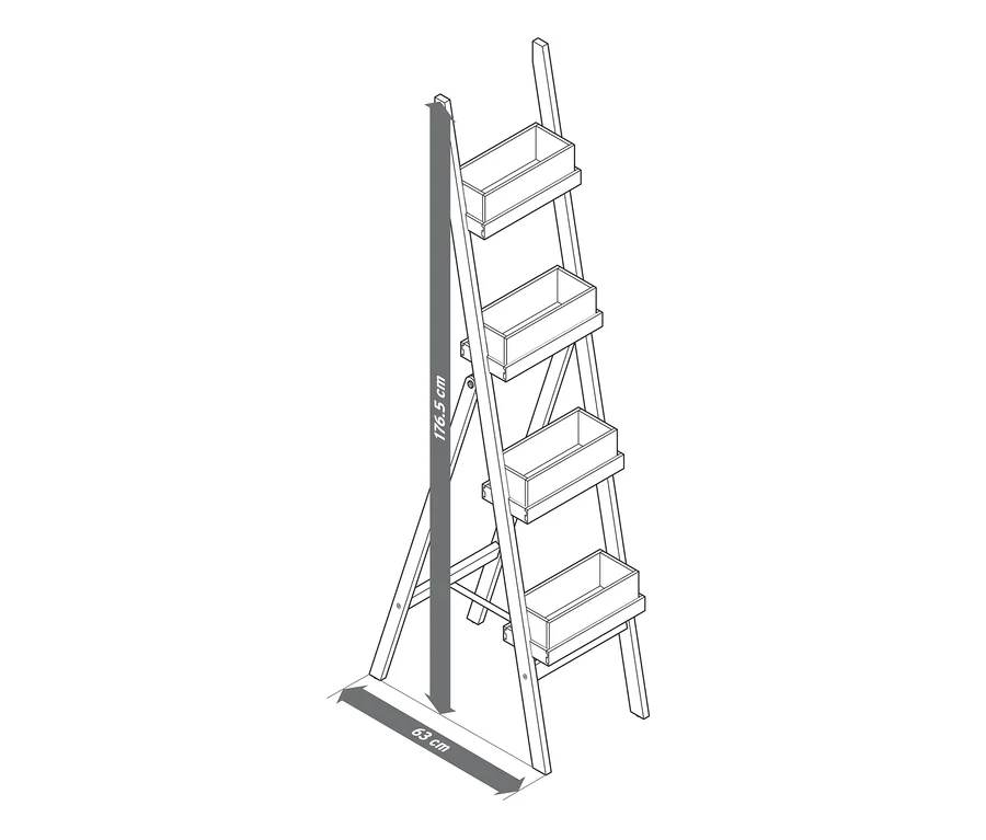 Illustration einer zusammenklappbaren Pflanzleiter mit vier Pflanzkästen.