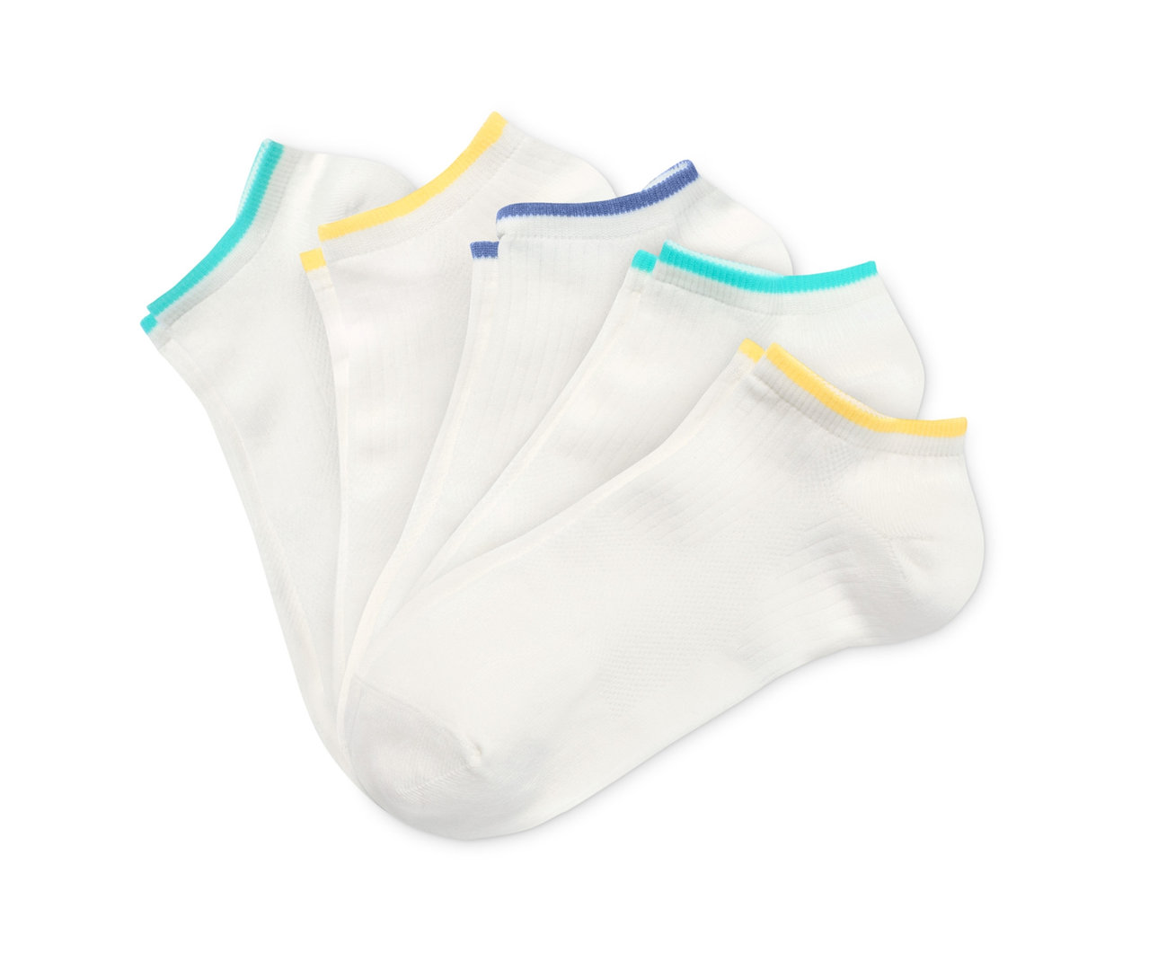 Fünf Paar weiße Sportsocken mit farbigem Rand.