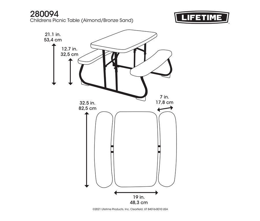 Abbildung eines hellgrauen LIFETIME Kinder-Picknicktischs »80094G« mit Maßangaben.