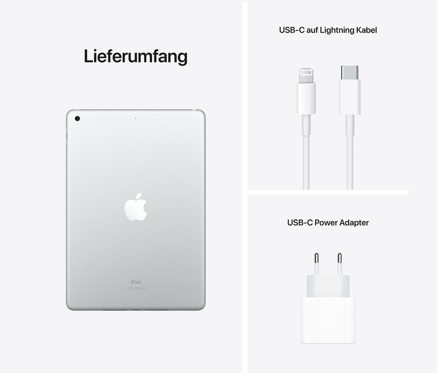 Silbernes Apple iPad 9. Generation, 64 GB, Wi-Fi, Ladekabel und Netzteil.