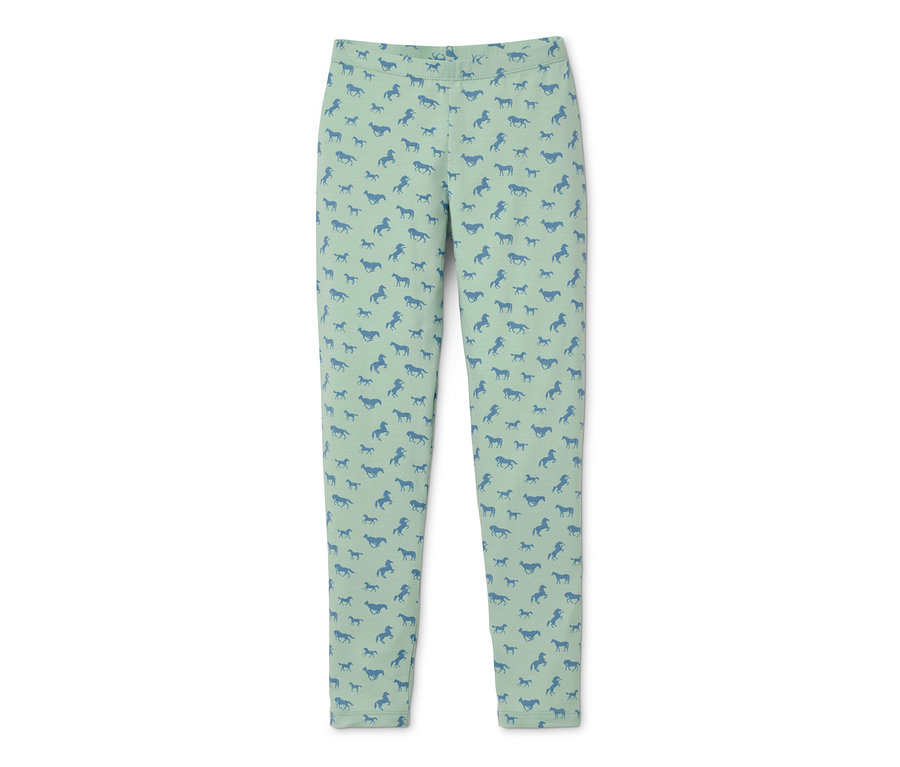 Grüne Leggings mit blauem Pferdemuster.
