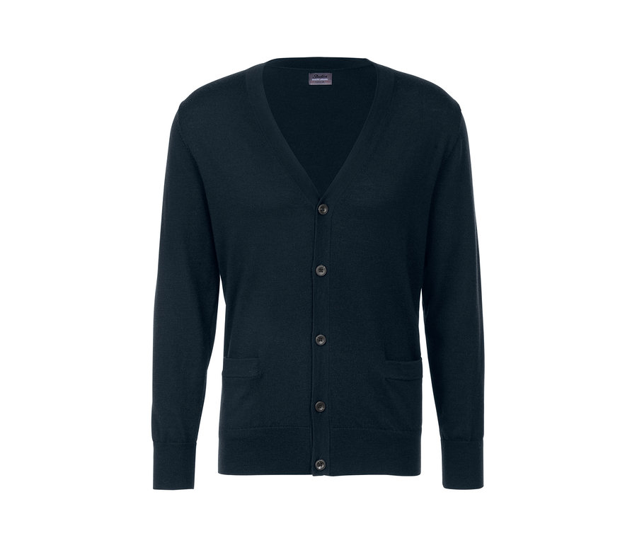 Marineblauer Merino-Cardigan mit V-Ausschnitt und Knöpfen.