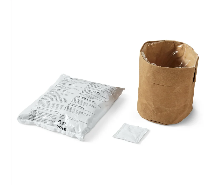 Erdbeer-Saatgut im Papierbeutel, eine weiße Tüte und eine kleine weiße Packung auf weißem Hintergrund.