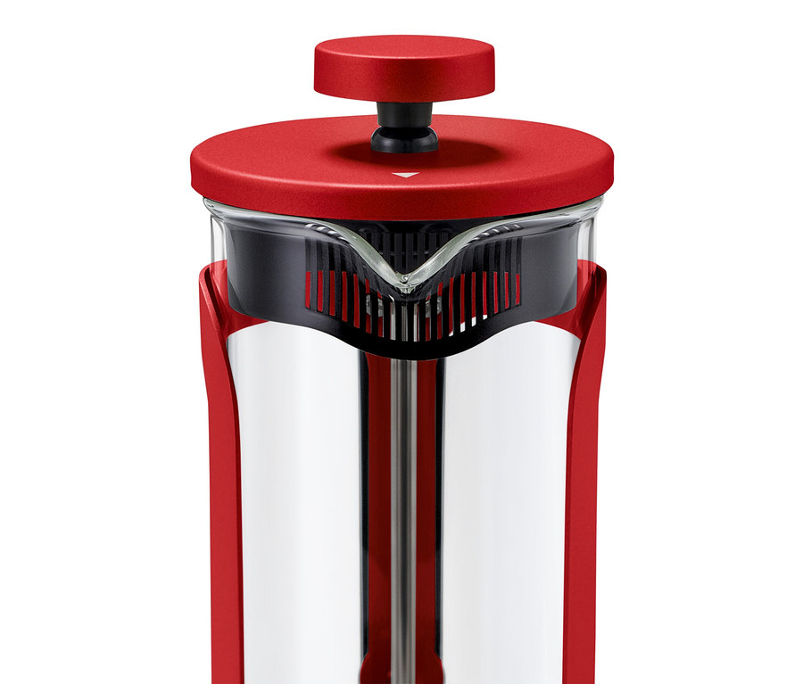 Detailaufnahme einer roten Siebstempelkanne (300 ml, 2 Tassen).