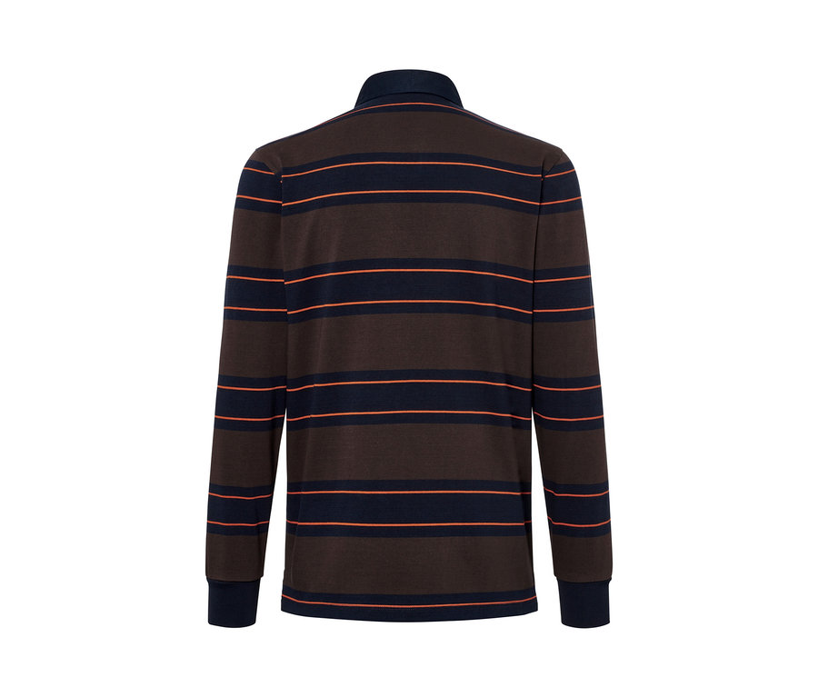 Rückansicht eines Langarm-Poloshirts mit braunen und marineblauen Streifen.