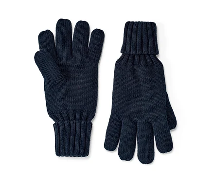 Zwei Strickhandschuhe.