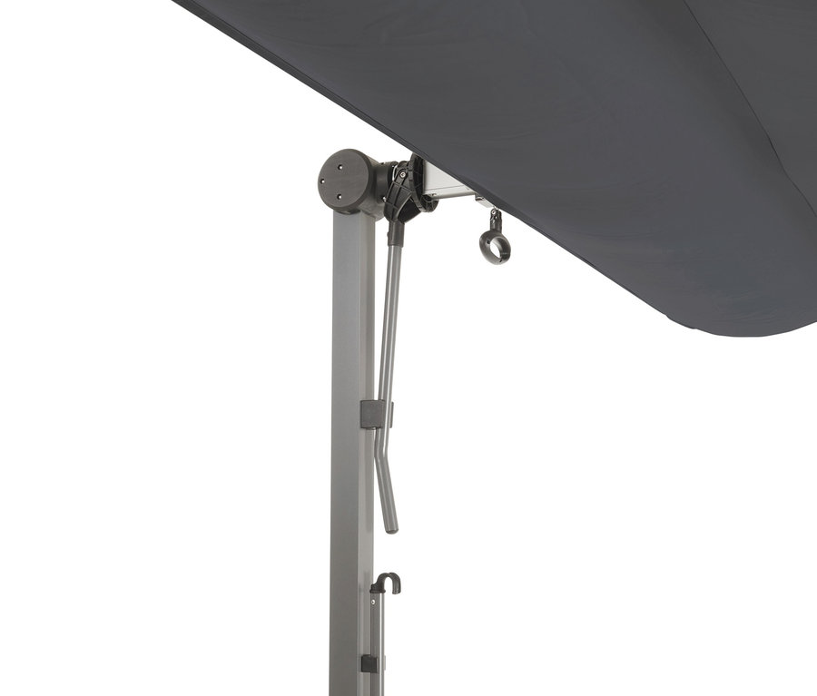 Detailaufnahme eines grauen Leco Sonnendachs, 400 x 250 cm.
