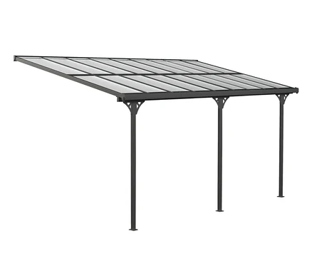 Anthrazitfarbene Terrassenüberdachung, Breite ca. 556 cm.