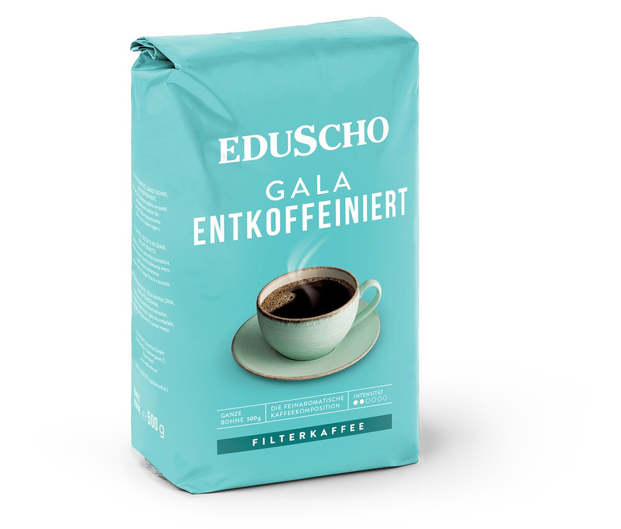 Eine Packung EDUSCHO Gala Entkoffeiniert Kaffee mit einer Abbildung einer Tasse Kaffee.