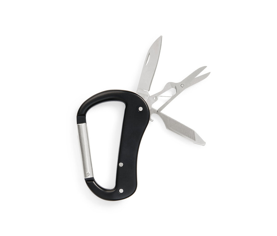 Schwarzes 5-in-1-Karabiner-Multitool mit geöffnetem Messer, Schere und Nagelfeile.
