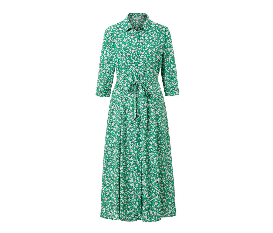 Grünes Hemdblusenkleid mit weißem Blumenmuster und Gürtel.