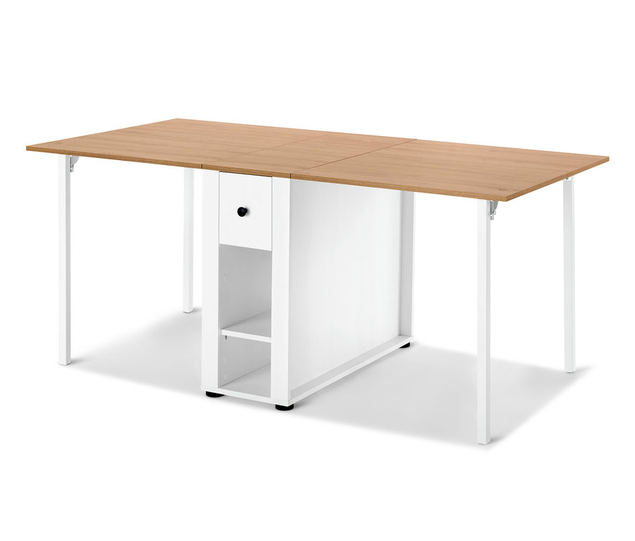 Ausziehbarer Tisch mit heller Holzplatte und weißem Gestell.