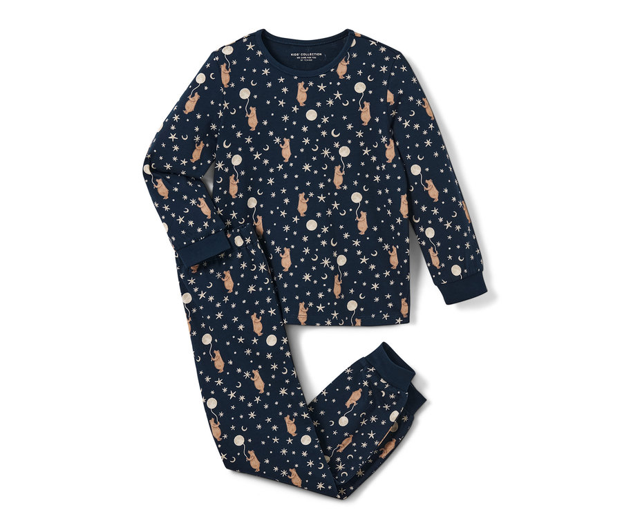 Marineblauer Kinder-Pyjama mit Bären, die Ballons halten, Sternen und Monden.