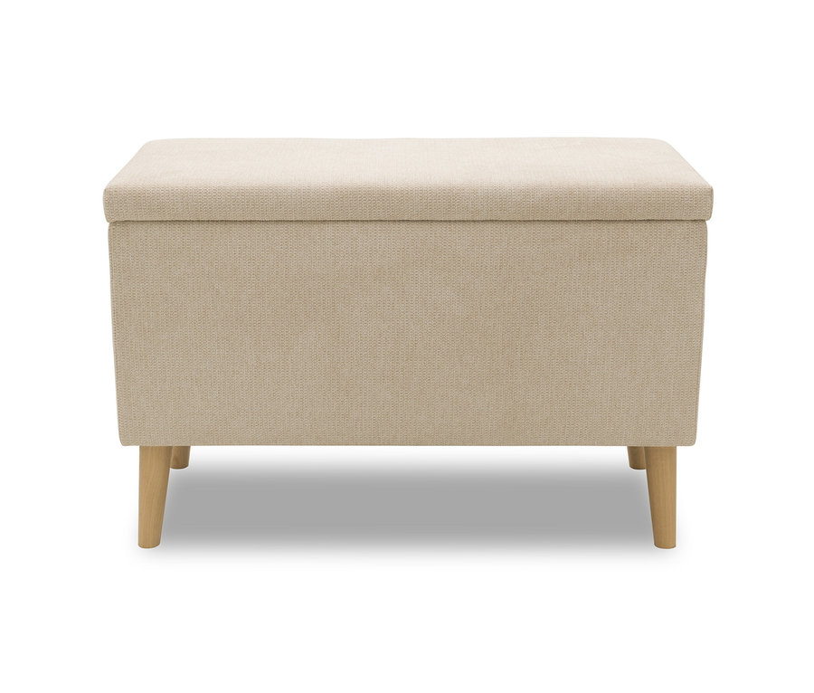 Beiger DOMO Hocker mit Staufach vor einem weißen Hintergrund.