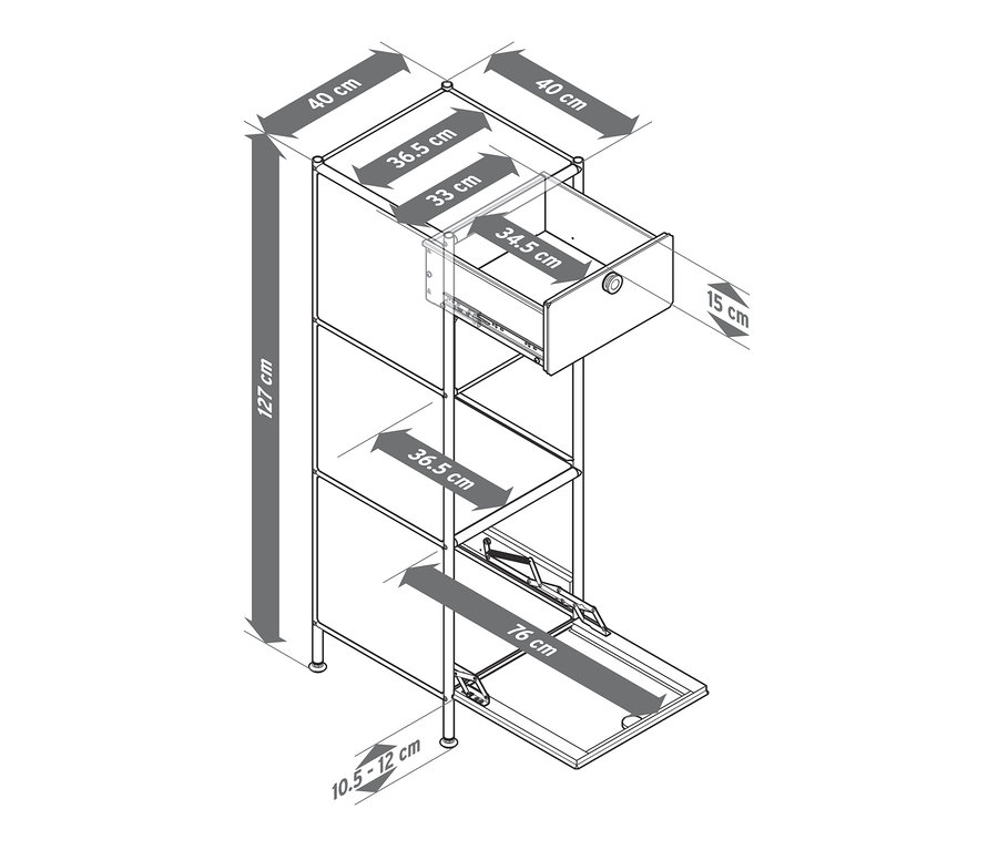Eine Skizze der schmalen Metallkommode »CN3« mit zwei Schubladen und 1 Klappfach zeigt die Abmessungen.