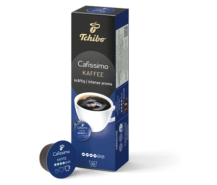 Eine Packung Cafissimo Kaffee kräftig und eine Kapsel liegen vor weißem Hintergrund.