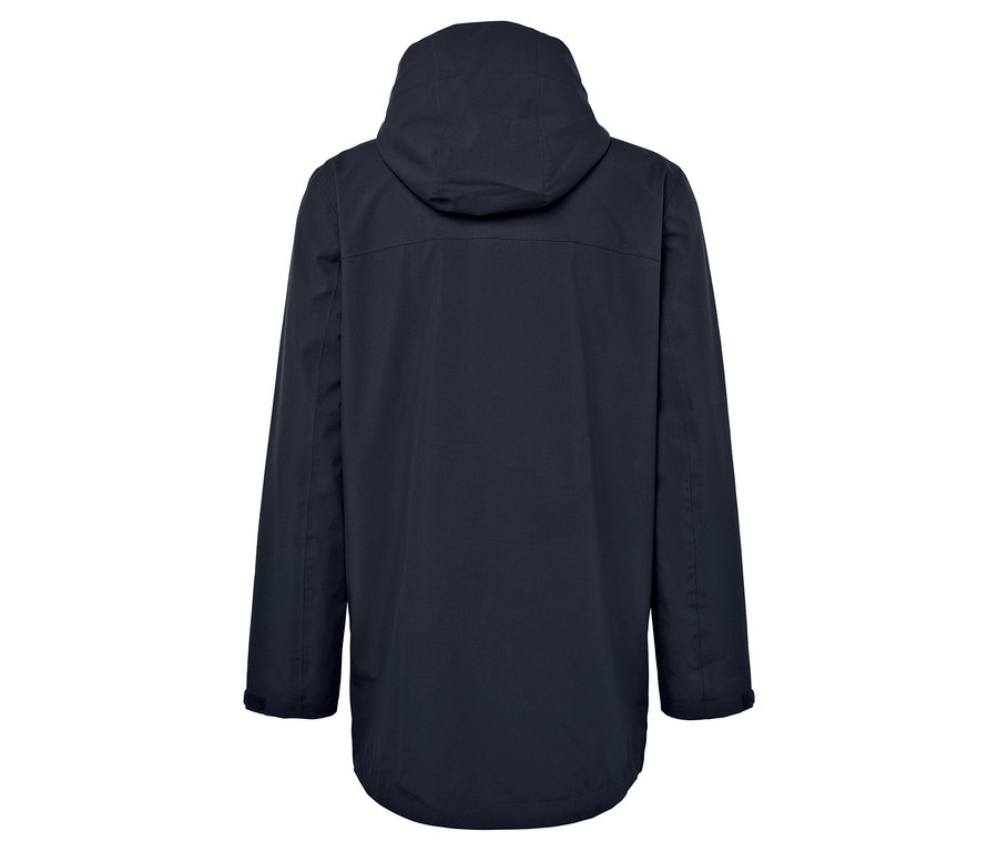 Dunkelblaue Jacke mit Kapuze, von hinten gesehen.