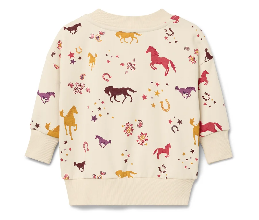 Beiges Sweatshirt mit Pferde-, Hufeisen- und Sternenmuster.