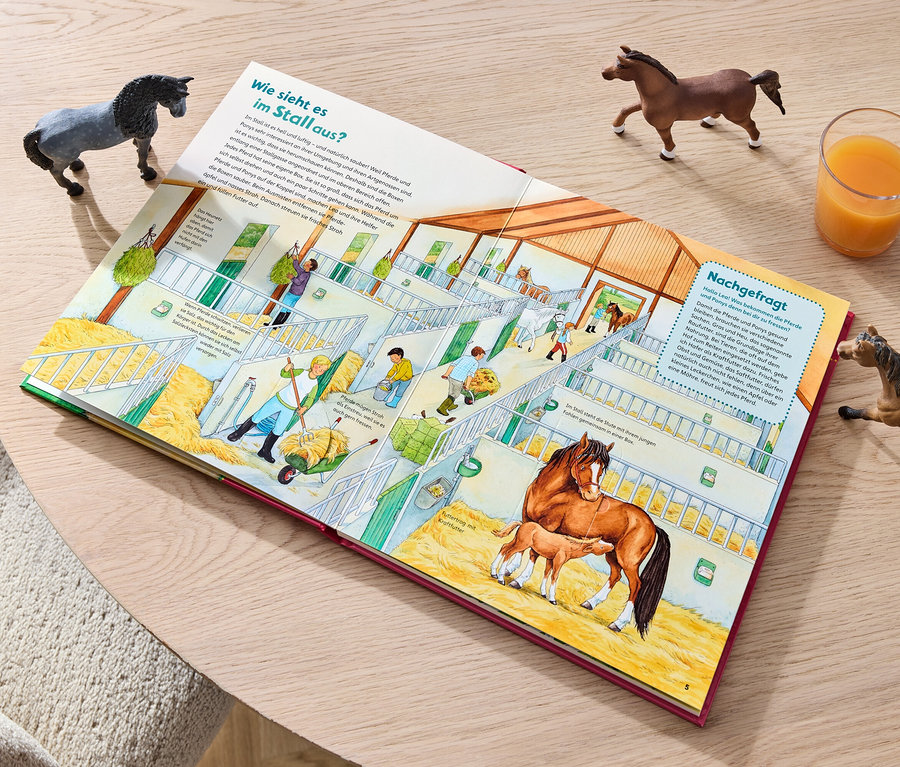 Ein Buch mit einer Illustration von Pferden im Stall liegt auf einem Tisch neben einem Glas Saft und drei Pferdefiguren.